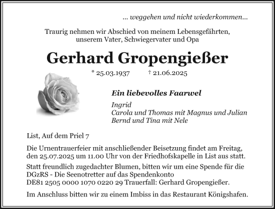 Traueranzeige von Gerhard Gropengießer von Sylter Rundschau