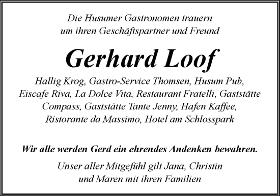 Traueranzeige von Gerhard Loof von Husumer Nachrichten, Nordfriesland Tageblatt