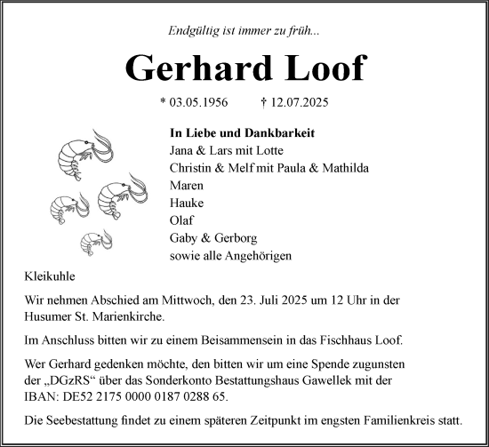 Traueranzeige von Gerhard Loof von Husumer Nachrichten, Nordfriesland Tageblatt