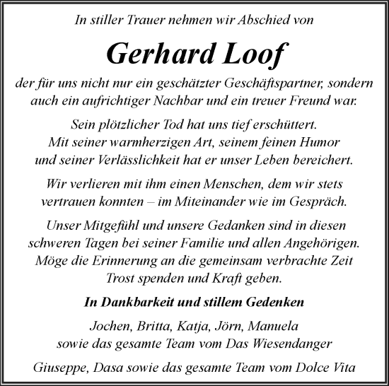Traueranzeige von Gerhard Loof von Husumer Nachrichten, Nordfriesland Tageblatt