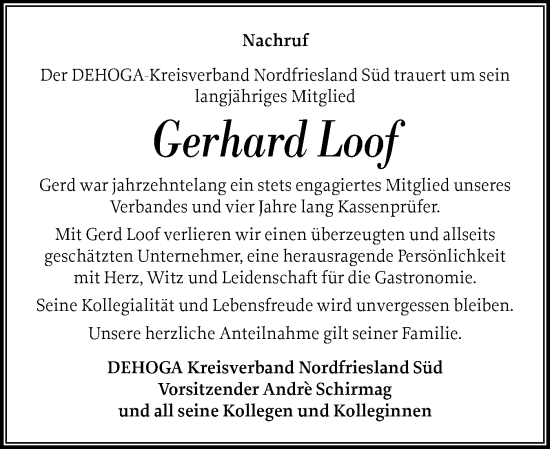 Traueranzeige von Gerhard Loof von Husumer Nachrichten, Nordfriesland Tageblatt