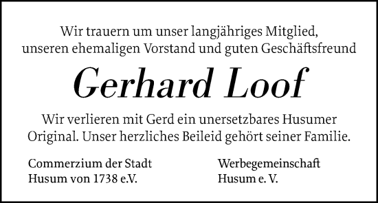 Traueranzeige von Gerhard Loof von Husumer Nachrichten, Nordfriesland Tageblatt