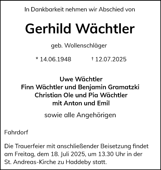 Traueranzeige von Gerhild Wächtler von Schleswiger Nachrichten, Schlei-Bote