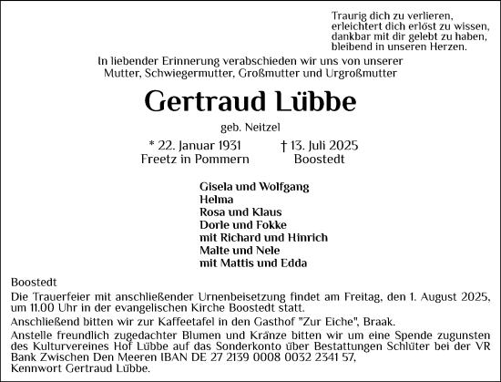 Traueranzeige von Gertraud Lübbe von Holsteinischer Courier