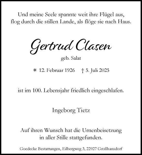 Traueranzeige von Gertrud Clasen von MARKT Ahrensburg/Bargteheide/Trittau und Stormarner Tageblatt