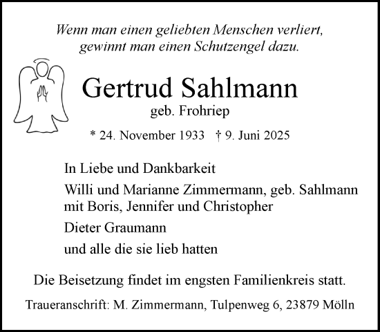 Traueranzeige von Gertrud Sahlmann von MARKT Ratzeburg/Mölln