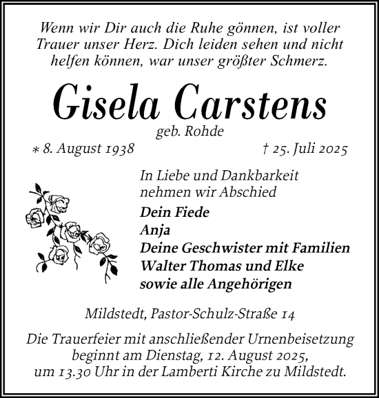 Traueranzeige von Gisela Carstens von Husumer Nachrichten, Nordfriesland Tageblatt