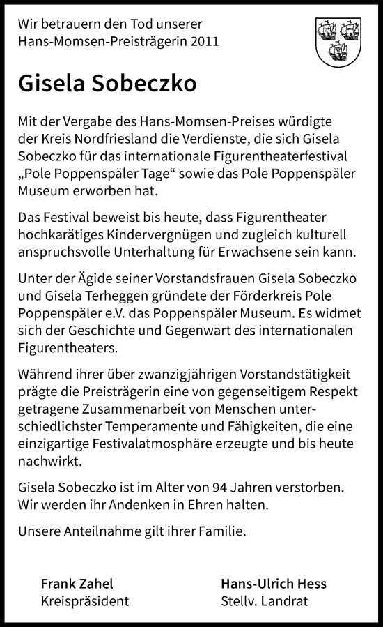 Traueranzeige von Gisela Sobeczko von Region Westküste