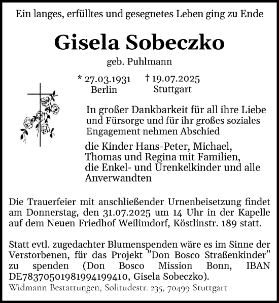 Traueranzeige von Gisela Sobeczko von Husumer Nachrichten, Nordfriesland Tageblatt