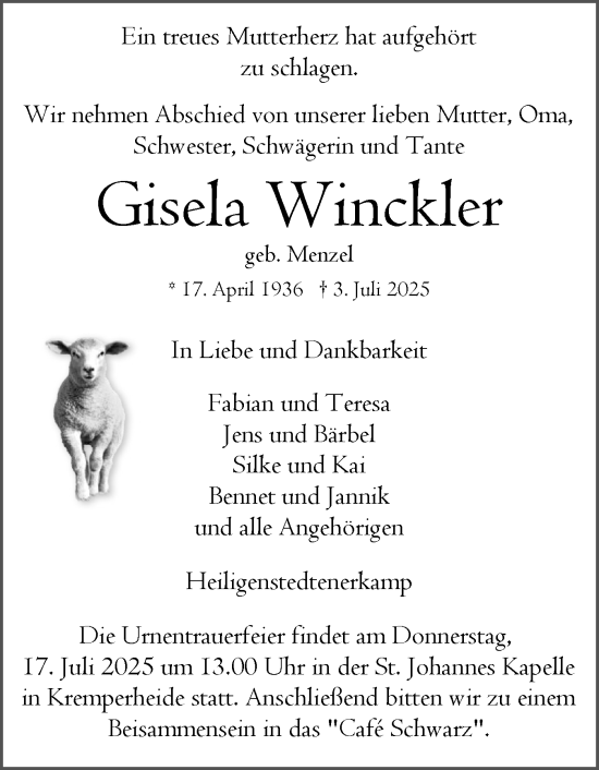 Traueranzeige von Gisela Winckler von Norddeutsche Rundschau, Wilstersche Zeitung, Glückstädter Fortuna