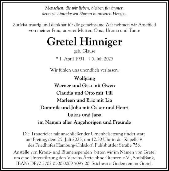Traueranzeige von Gretel Hinniger von Heimatspiegel