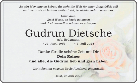 Traueranzeige von Gudrun Dietsche von Uetersener Nachrichten, Der tip am Wochenende