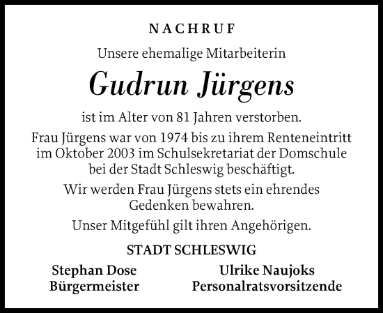 Traueranzeige von Gudrun Jürgens von Schleswiger Nachrichten, Schlei-Bote