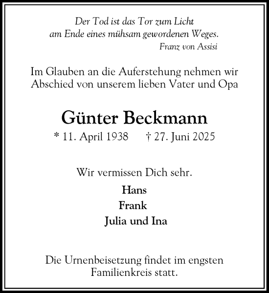 Traueranzeige von Günter Beckmann von Heimatspiegel