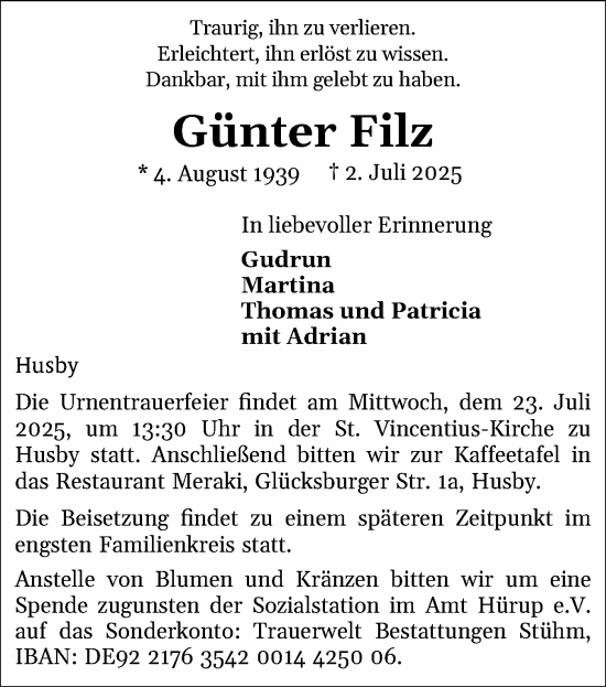 Traueranzeige von Günter Filz von Flensburger Tageblatt