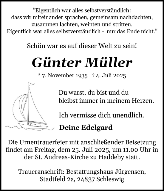 Traueranzeige von Günter Müller von Schleswiger Nachrichten, Schlei-Bote