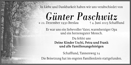Traueranzeige von Günter Paschwitz von Flensburger Tageblatt