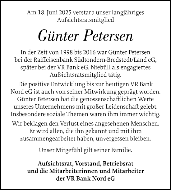 Traueranzeige von Günter Petersen von Husumer Nachrichten, Nordfriesland Tageblatt