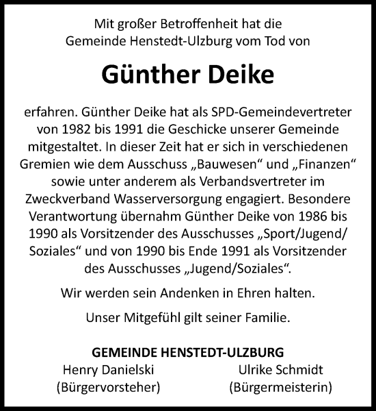 Traueranzeige von Günther Deike von Umschau
