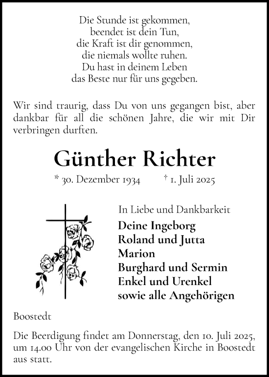 Traueranzeige von Günther Richter von Holsteinischer Courier