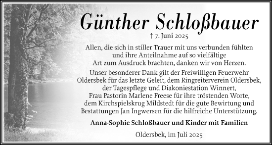 Traueranzeige von Günther Schloßbauer von Husumer Nachrichten, Nordfriesland Tageblatt