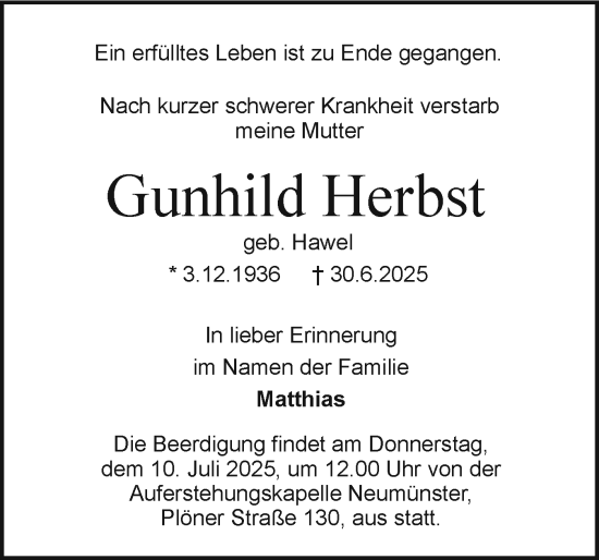 Traueranzeige von Gunhild Herbst von Holsteinischer Courier