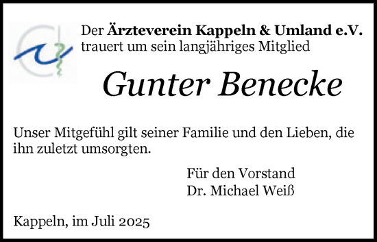 Traueranzeige von Gunter Benecke von Schleswiger Nachrichten, Schlei-Bote