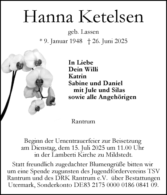Traueranzeige von Hanna Ketelsen von Husumer Nachrichten, Nordfriesland Tageblatt