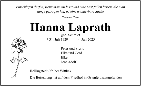 Traueranzeige von Hanna Laprath von Husumer Nachrichten, Nordfriesland Tageblatt