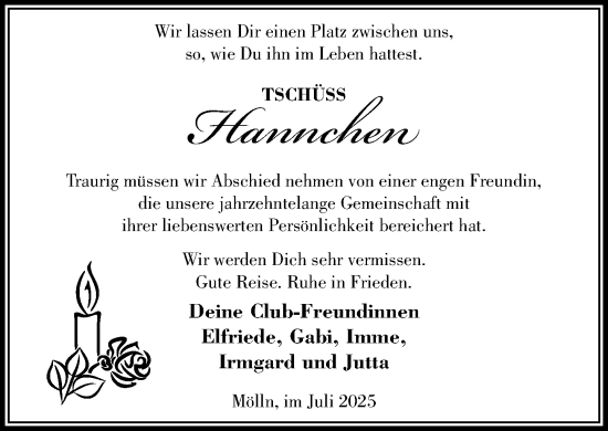 Traueranzeige von Hannchen  von MARKT Ratzeburg/Mölln