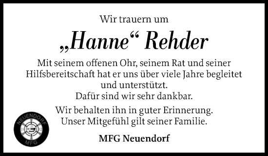 Traueranzeige von Hanne Rehder von Norddeutsche Rundschau, Wilstersche Zeitung, Glückstädter Fortuna