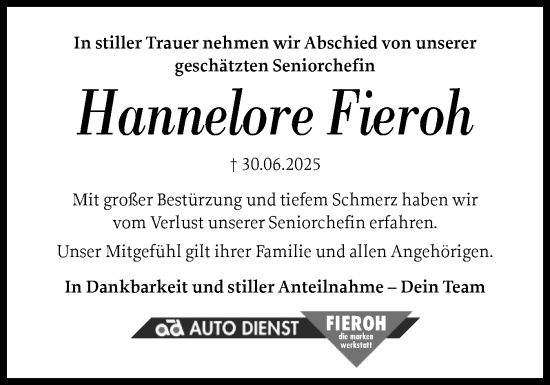 Traueranzeige von Hannelore Fieroh von Holsteinischer Courier