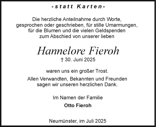 Traueranzeige von Hannelore Fieroh von Holsteinischer Courier