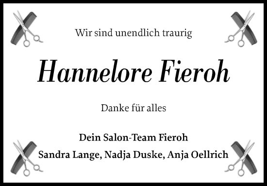 Traueranzeige von Hannelore Fieroh von Holsteinischer Courier