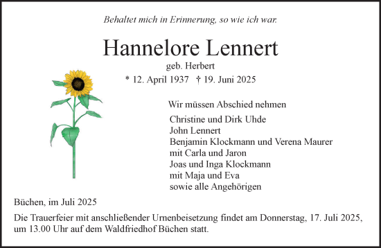 Traueranzeige von Hannelore Lennert von Wochenend Anzeiger