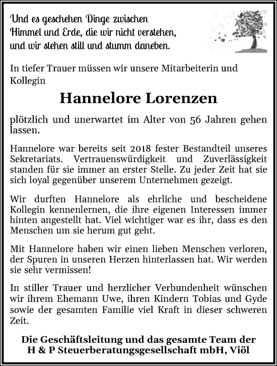 Traueranzeige von Hannelore Lorenzen von Region Flensburg