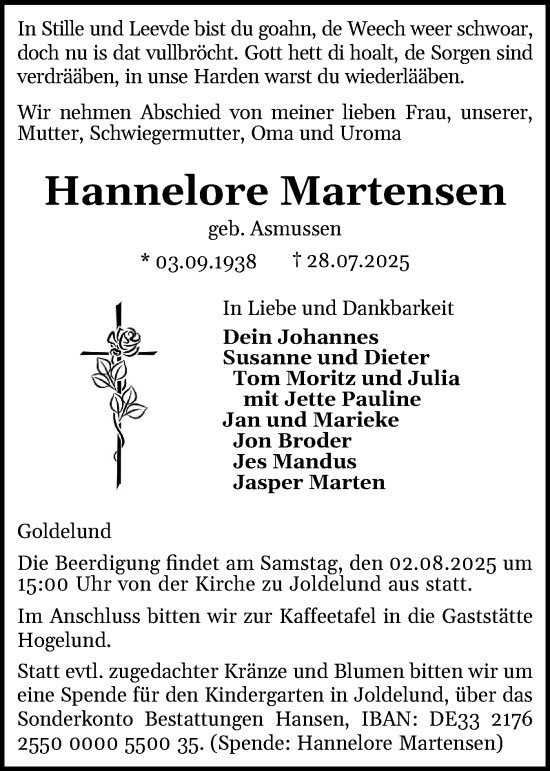 Traueranzeige von Hannelore Martensen von Region Flensburg