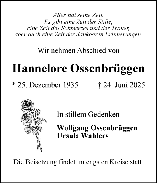 Traueranzeige von Hannelore Ossenbrüggen von Uetersener Nachrichten, Der tip am Wochenende