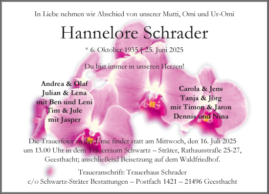 Traueranzeige von Hannelore Schrader von Wochenend Anzeiger