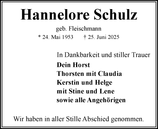 Traueranzeige von Hannelore Schulz von Flensburger Tageblatt