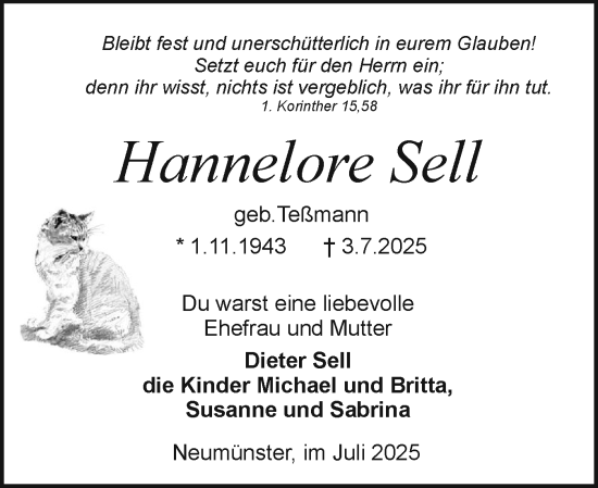 Traueranzeige von Hannelore Sell von Holsteinischer Courier