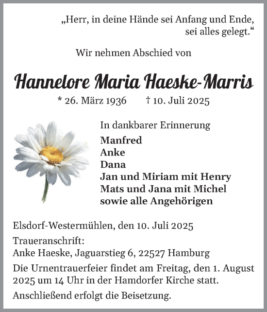 Traueranzeige von Hannelore Maria Haeske-Marris von Schleswig-Holsteinische Landeszeitung