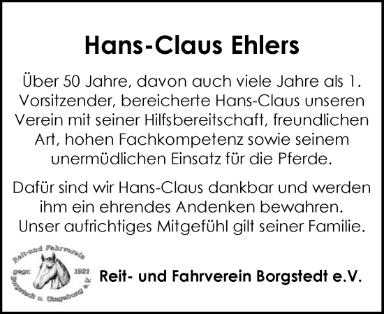 Traueranzeige von Hans-Claus Ehlers von Schleswig-Holsteinische Landeszeitung