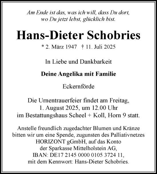 Traueranzeige von Hans-Dieter Schobries von Eckernförder Zeitung, Hallo Eckernförde