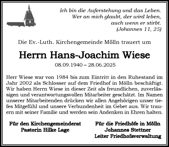 Traueranzeige von Hans-Joachim Wiese von MARKT Ratzeburg/Mölln