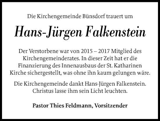 Traueranzeige von Hans-Jürgen Falkenstein von Eckernförder Zeitung