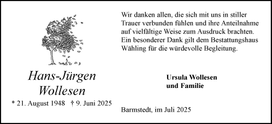 Traueranzeige von Hans-Jürgen Wollesen von Elmshorner Nachrichten, Barmstedter Zeitung