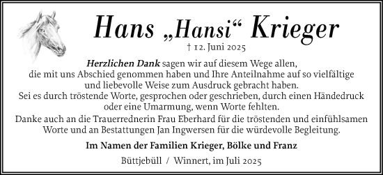 Traueranzeige von Hans Krieger von Husumer Nachrichten, Nordfriesland Tageblatt
