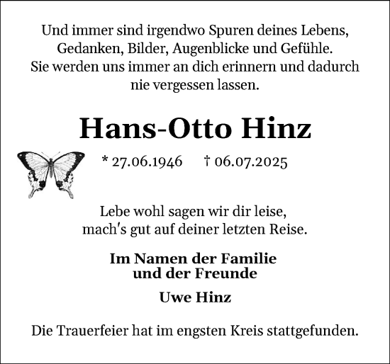 Traueranzeige von Hans-Otto Hinz von Holsteinischer Courier