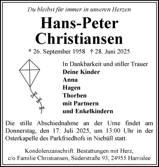 Traueranzeige von Hans-Peter Christiansen von Husumer Nachrichten, Nordfriesland Tageblatt